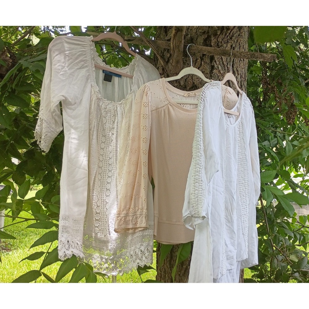 Cottagecore Lace Eyelet Blouses Womens L Large Flowy Shirts Lot Bundle of 3